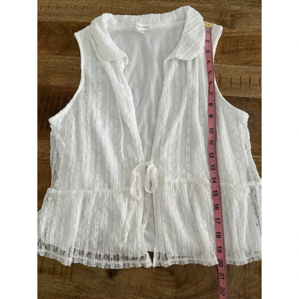 La Peche Lace Peplum Vest Top XL White Sheer Tie Front Cottagecore Boho Bridal - Picture 6 of 6